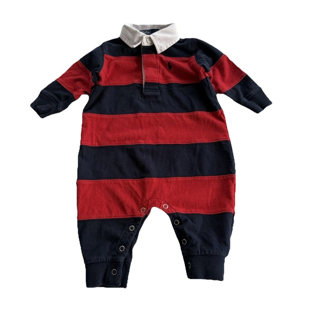 VTG Polo Ralph Lauren 3-6M Romper Infant Small Red Navy Stripe Rugby